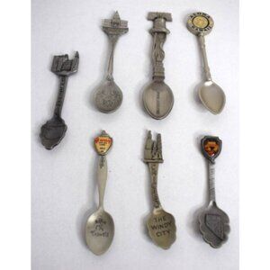 Lot of 7 Travel Souvenir Collector Spoons Cities & States Pewter More!